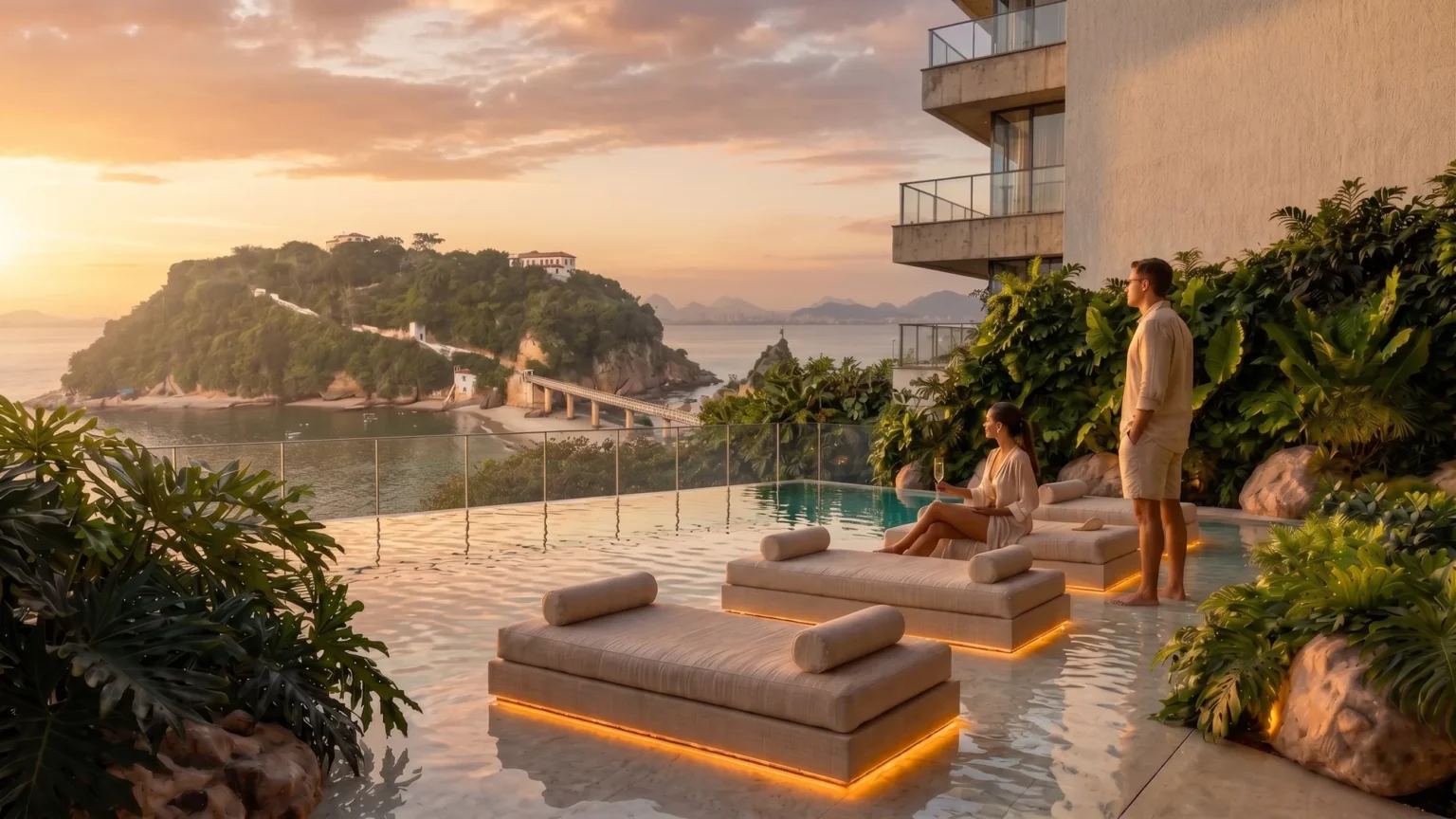 Lazuli Niterói: piscina com borda infinita de frente para a Baía