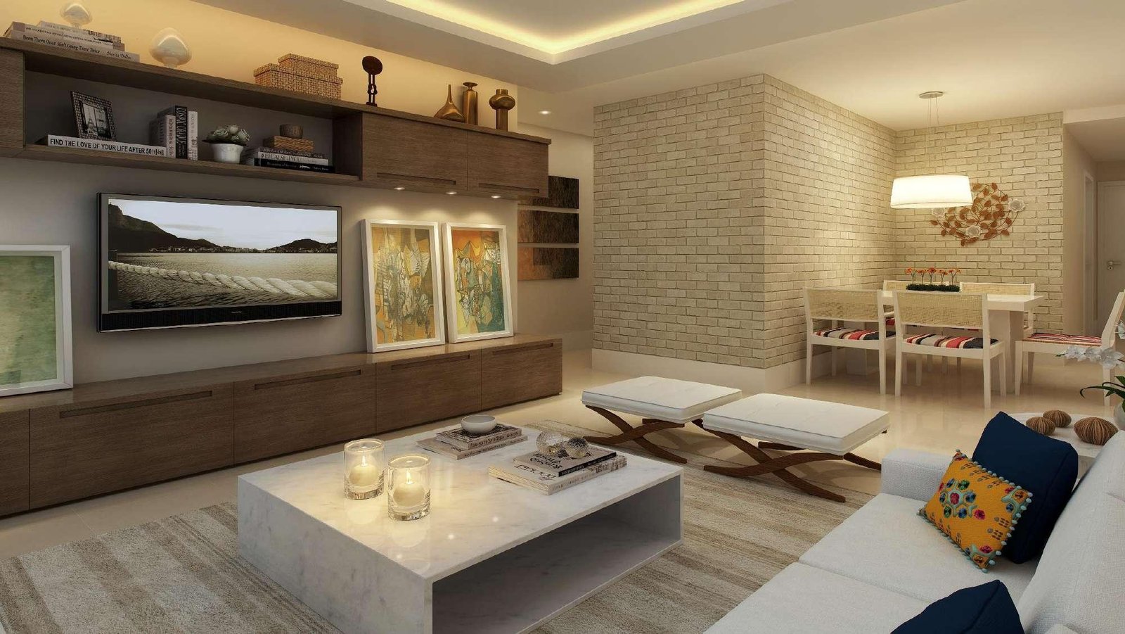 Sala do apartamento decorado do Terramarine Icaraí, de 2 quartos com escritório, em Icaraí, Niterói