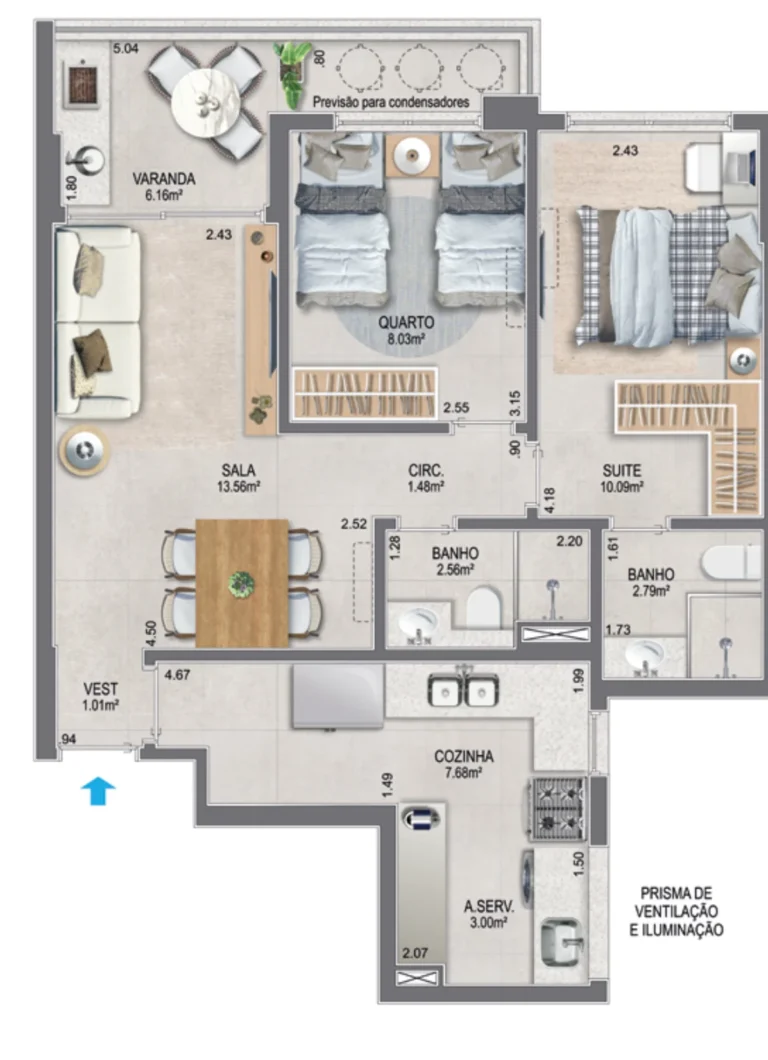 Reserva São Francisco: planta do apartamento de 2 quartos com suíte, 66,92 m², bloco Gaia, apartamentos 202 a 602