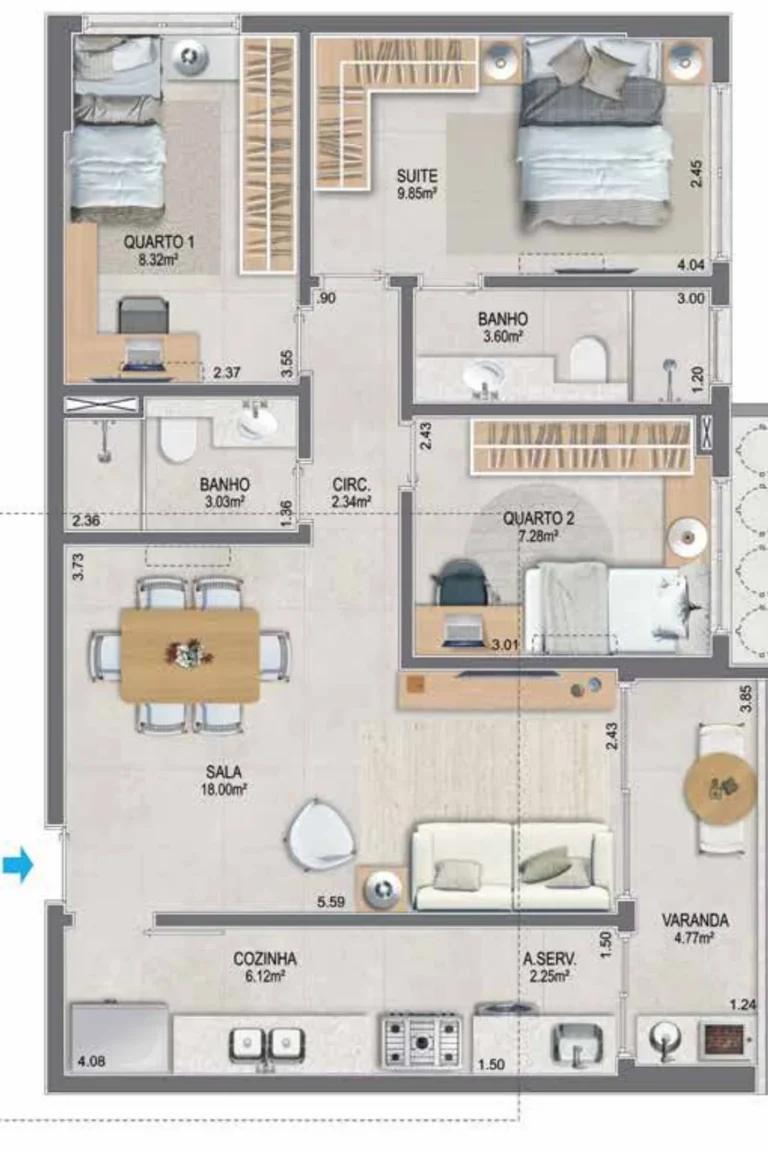 Reserva São Francisco: planta do apartamento de 3 quartos com suíte, 78,71 m², bloco Gaia, apartamentos 204 a 604
