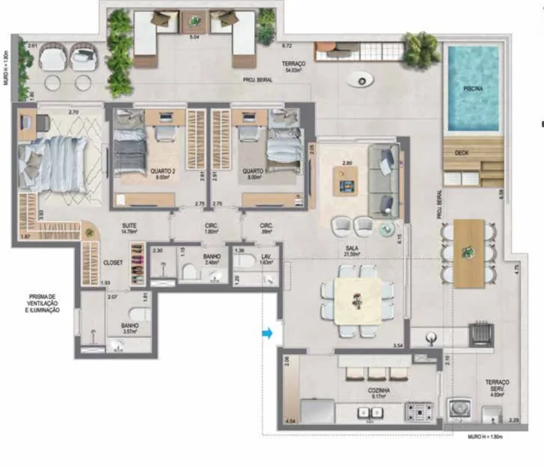 Reserva São Francisco: planta da cobertura linear de 3 quartos com suíte, 150,01 m², bloco Gaia, apartamento 702