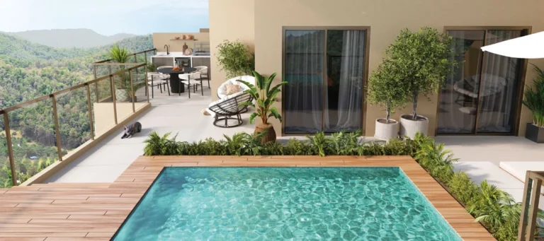 Terraço de cobertura linear com piscina privativa