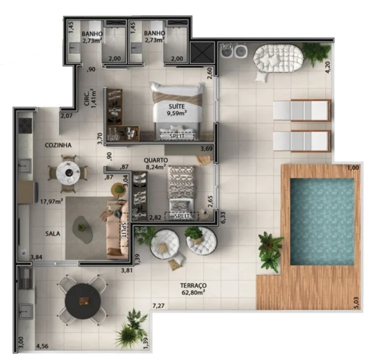 Planta de cobertura linear 702 de 113,69 m² com piscina