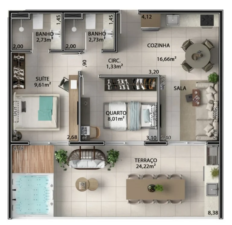 Planta de cobertura linear 703 de 72,72 m² com jacuzzi