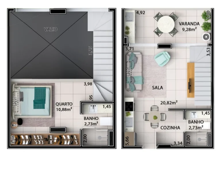 Planta de duplex de 56,43 m² com mezanino