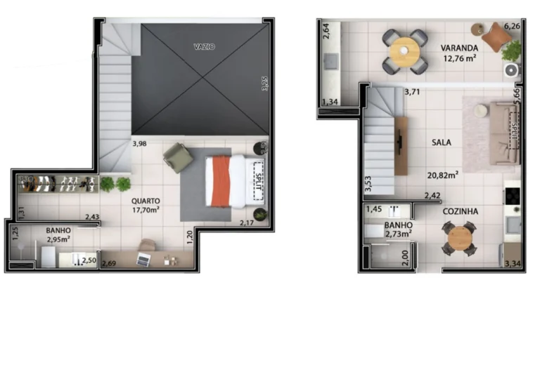 Planta de duplex de 69,66 m² com mezanino