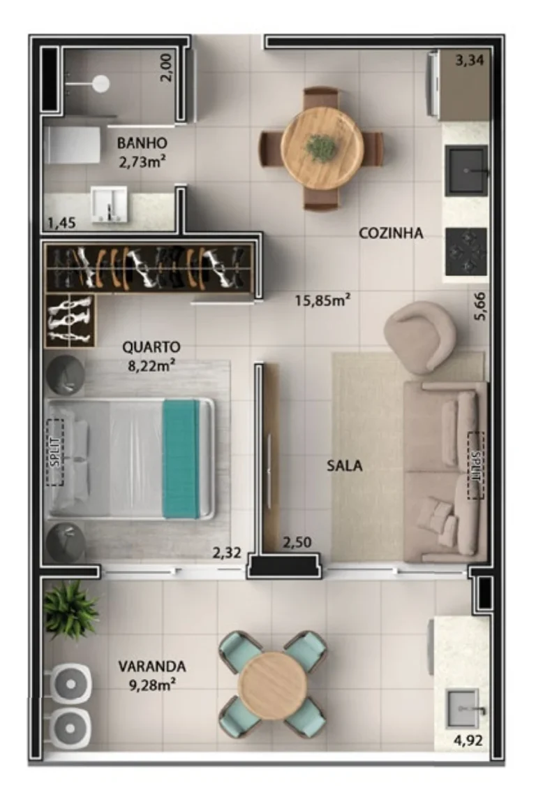 Planta de sala e quarto de 40,78 m²
