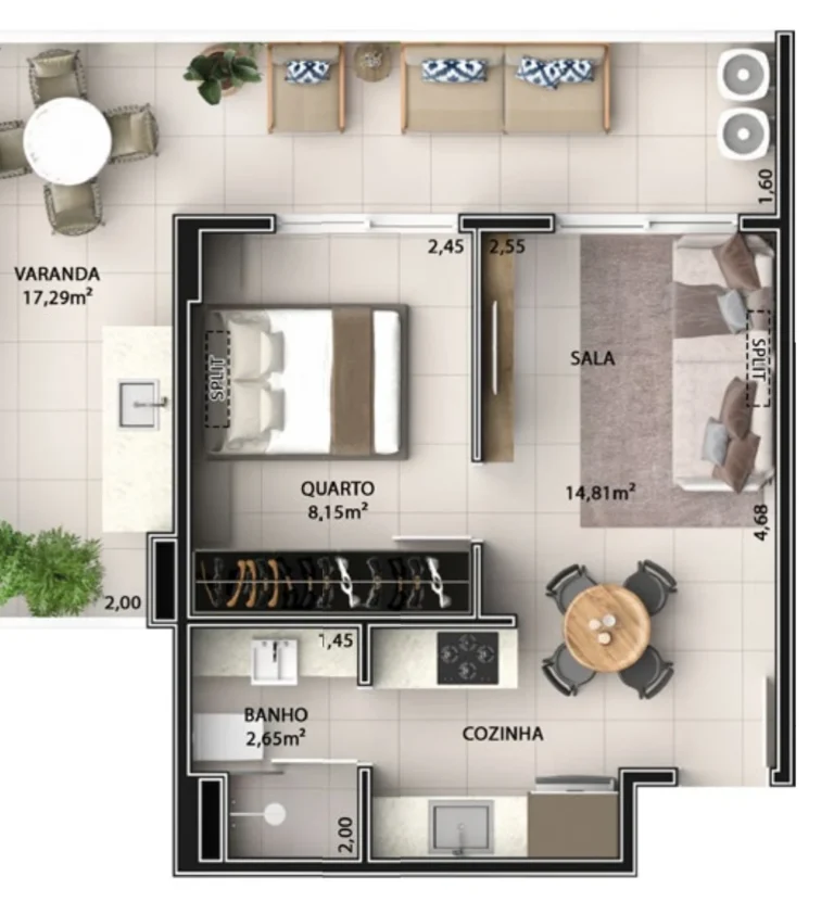 Planta de sala e quarto de 48,64 m² com varanda