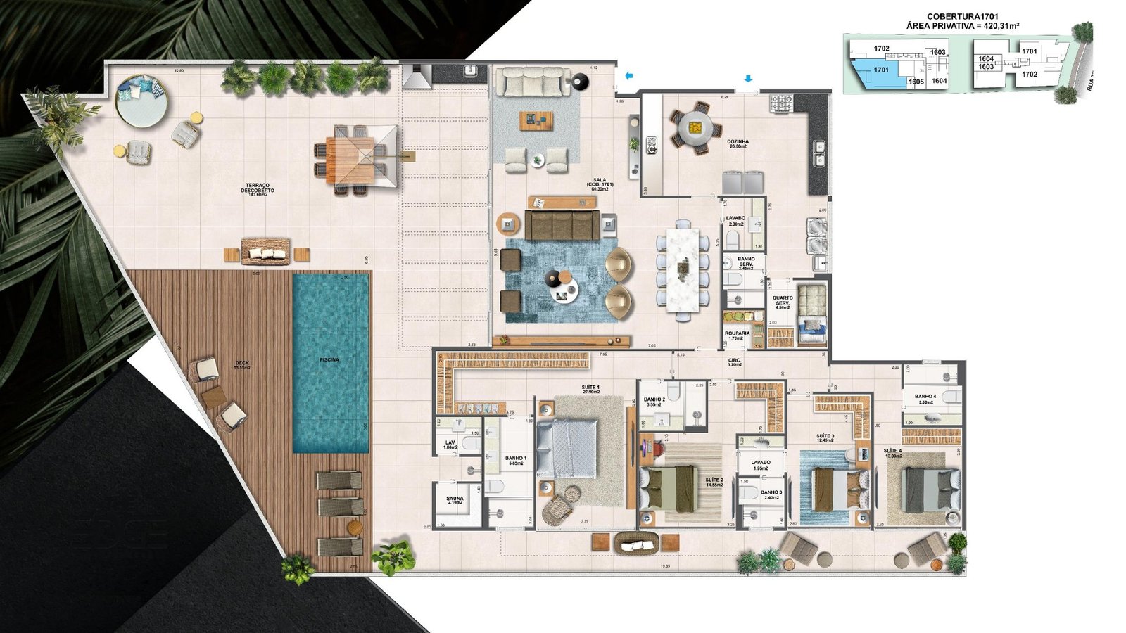 planta de cobertura com piscina, torre Bay